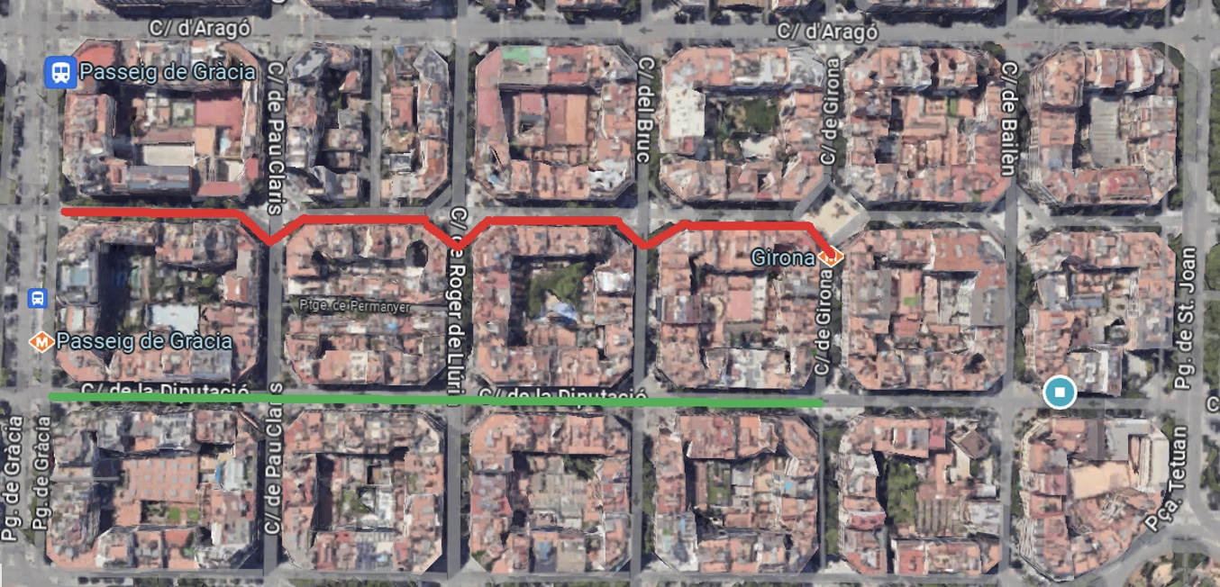 mapka dzielnicy eixample w barcelonie, ukazująca problemy z chodzeniem